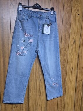NIGEMEI Floral Embroidered Jeans Large Elastic Waist Trendy High Waist Denim